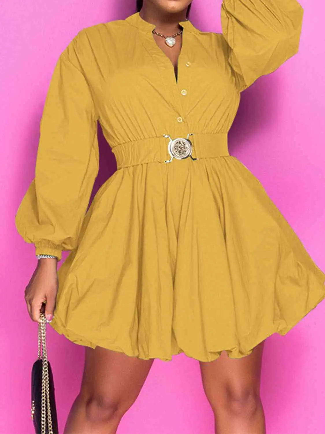 Notched Button Up Balloon Sleeves Dress - Image #21