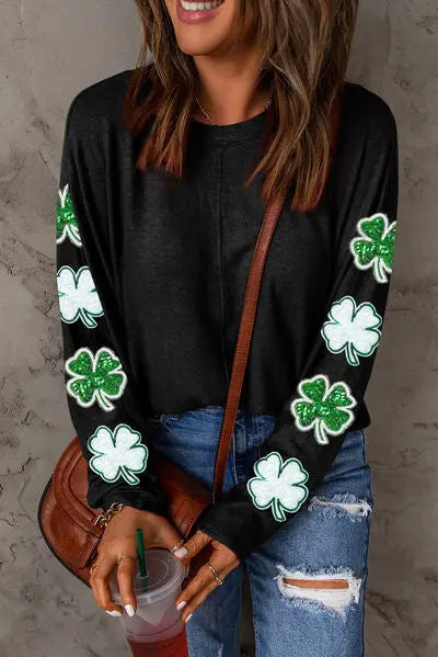 Sequin Lucky Clover Round Neck Sweatshirt - Image #1