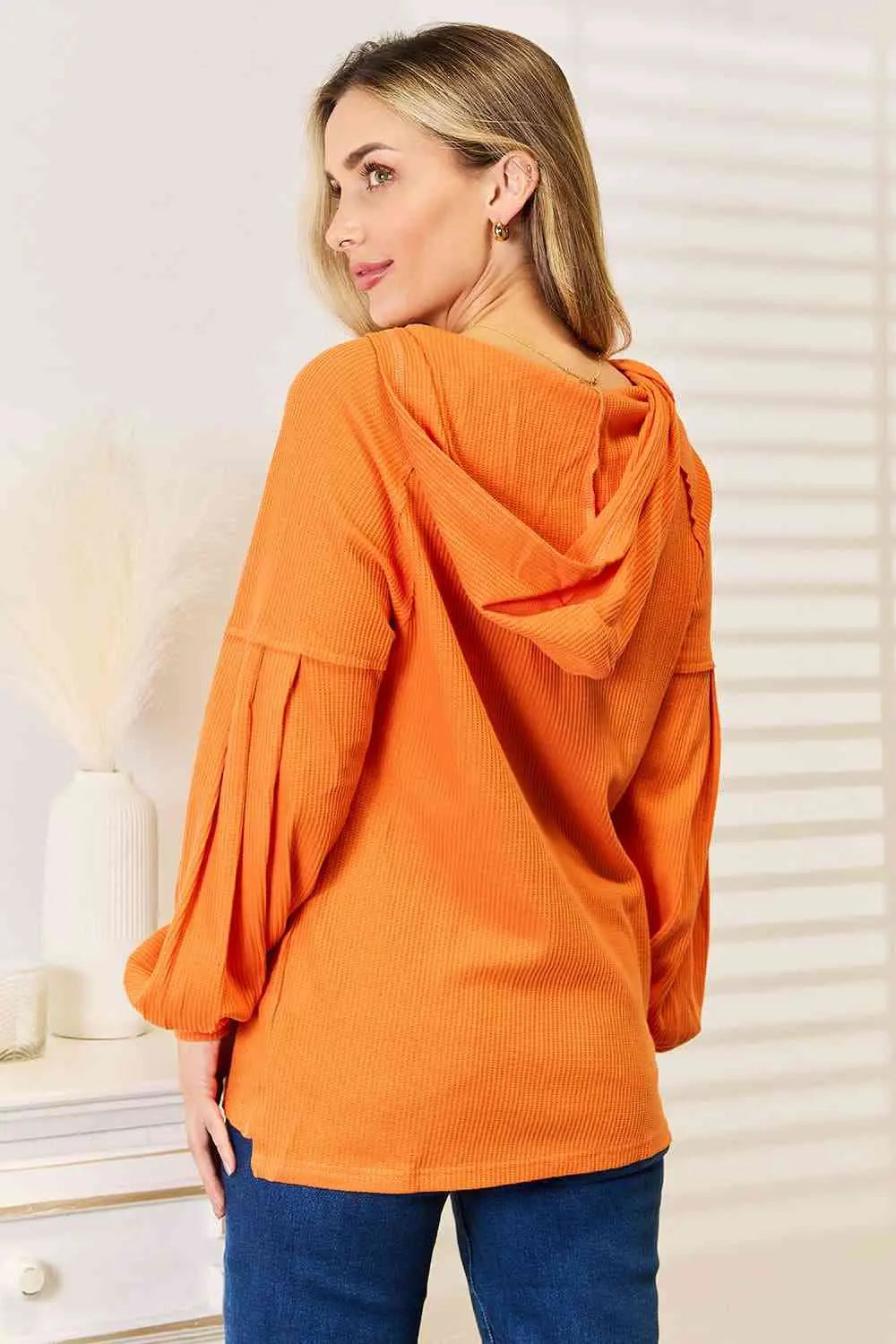 Basic Bae Side Slit Buttoned Waffle Knit Hoodie - Image #9