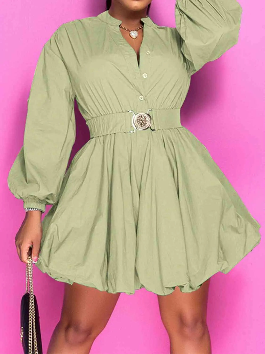 Notched Button Up Balloon Sleeves Dress - Image #17