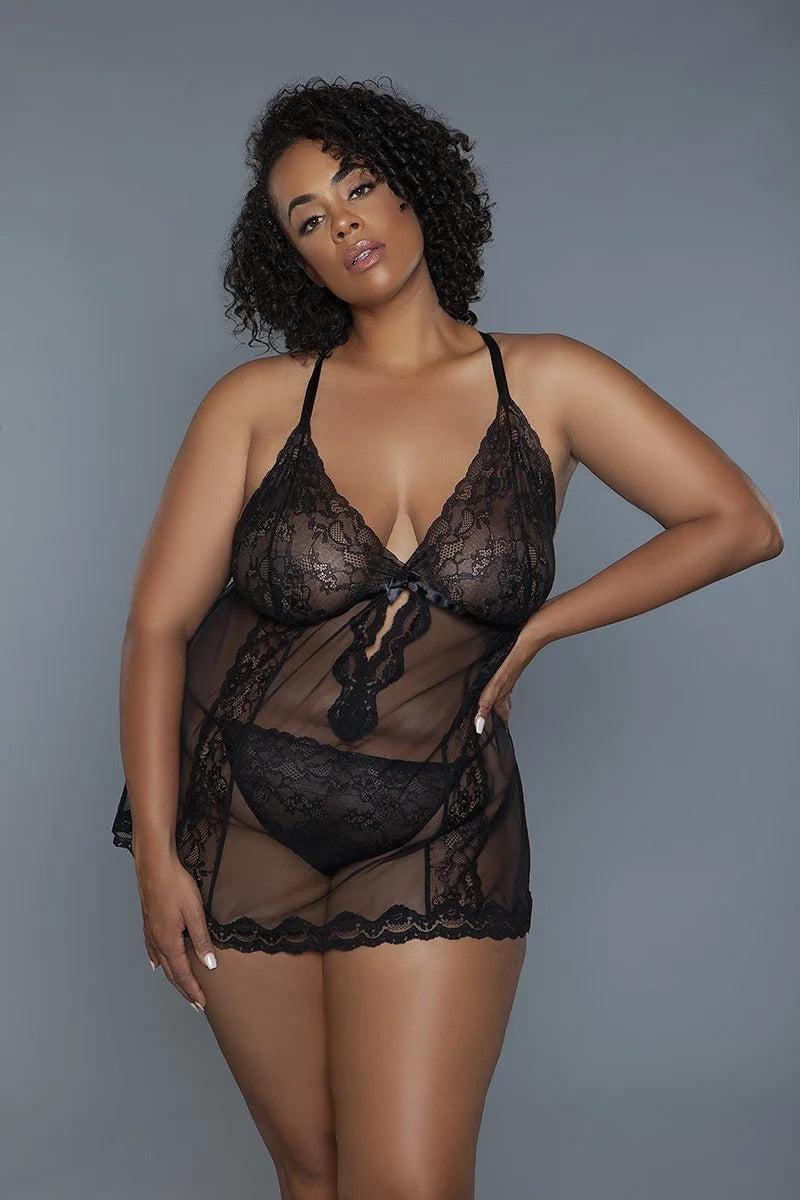 2 Pc Unlined Lace Cups Babydoll Sheer Mesh And Lace Front Panels Design - Image #1
