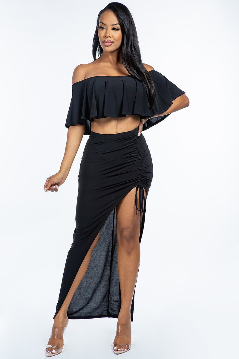Solid Off The Shoulder Ruffled Cropped Top And Ruched Maxi Skirt Two Piece Set
