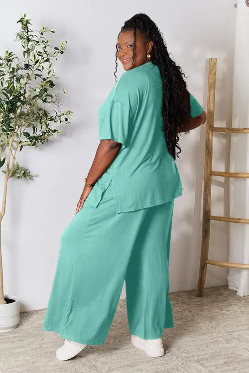 Double Take Full Size Round Neck Slit Top and Pants Set - Image #13