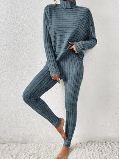 Ribbed Turtleneck Top and Pants Set - Image #1