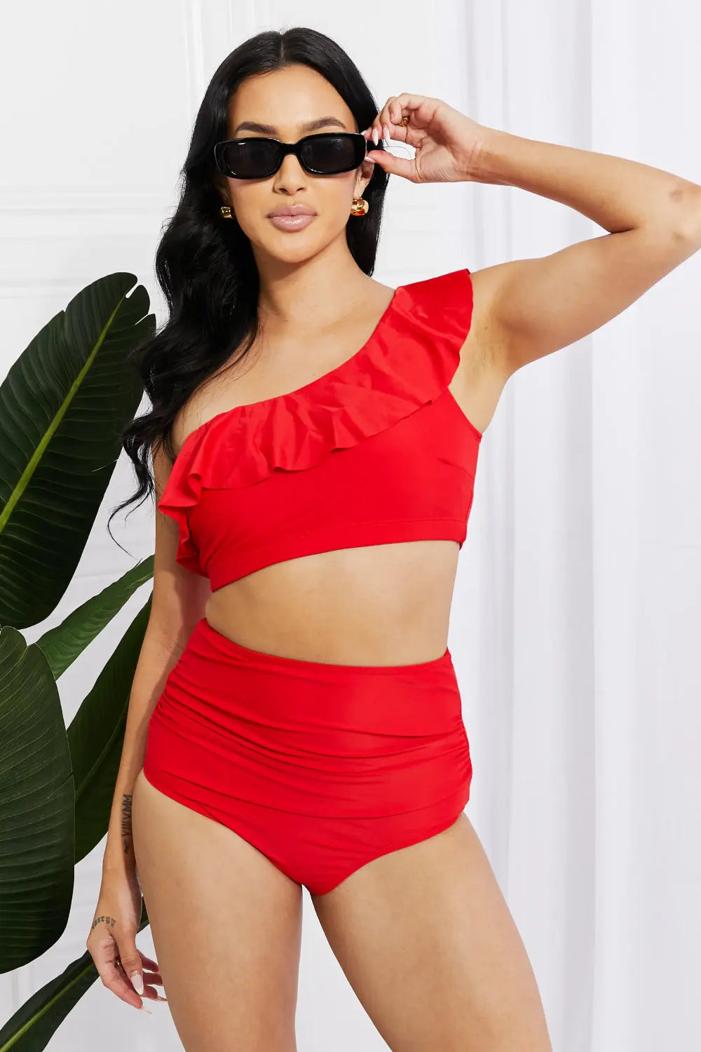 Marina West Swim Seaside Romance Ruffle One-Shoulder Bikini in Red - Image #6