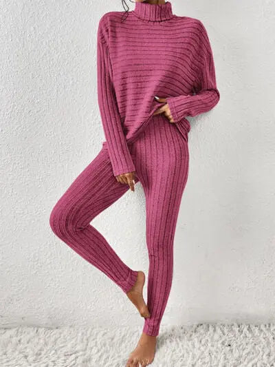 Ribbed Turtleneck Top and Pants Set - Image #12