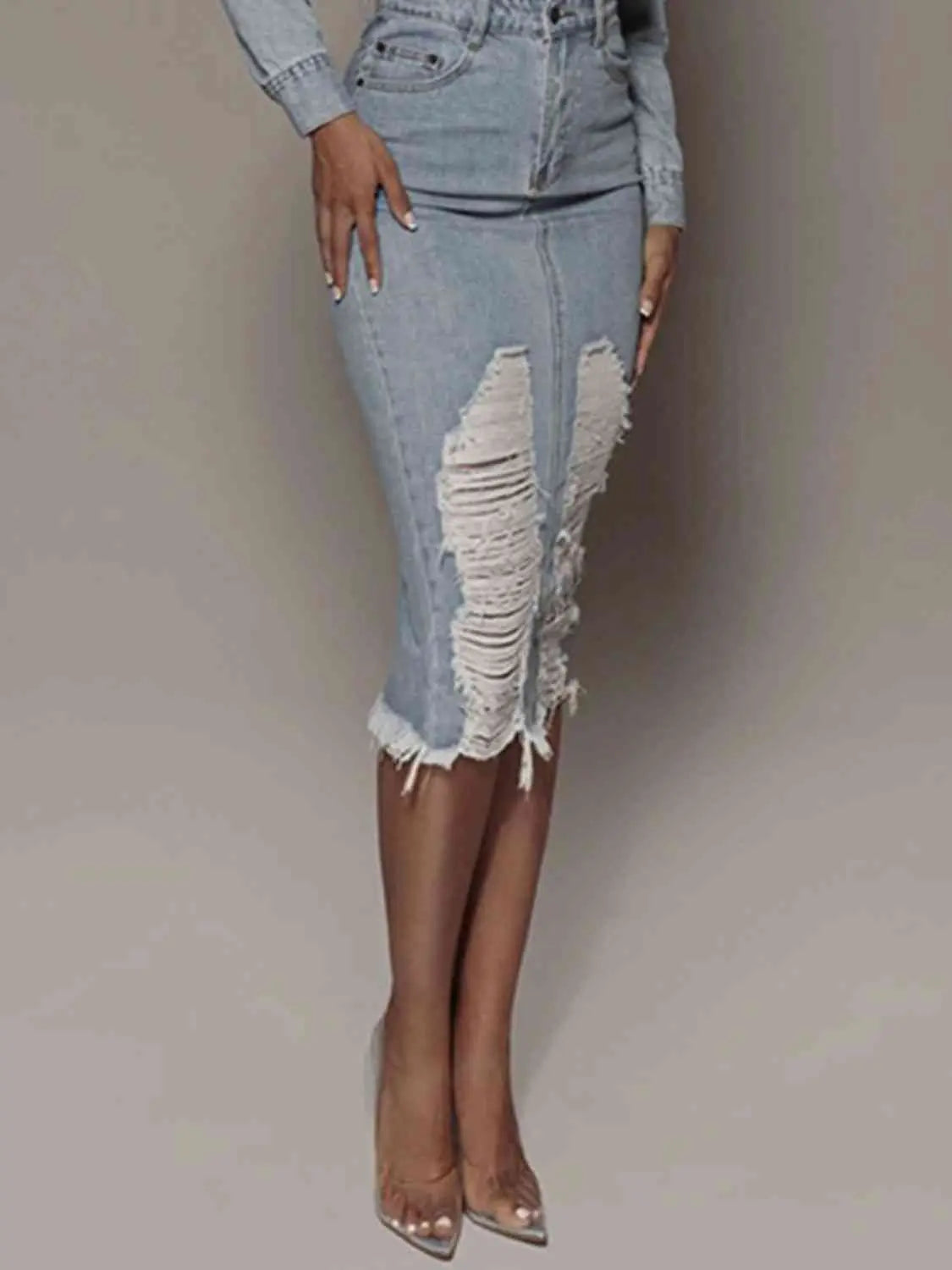 Distressed Slit Denim Skirt - Image #4