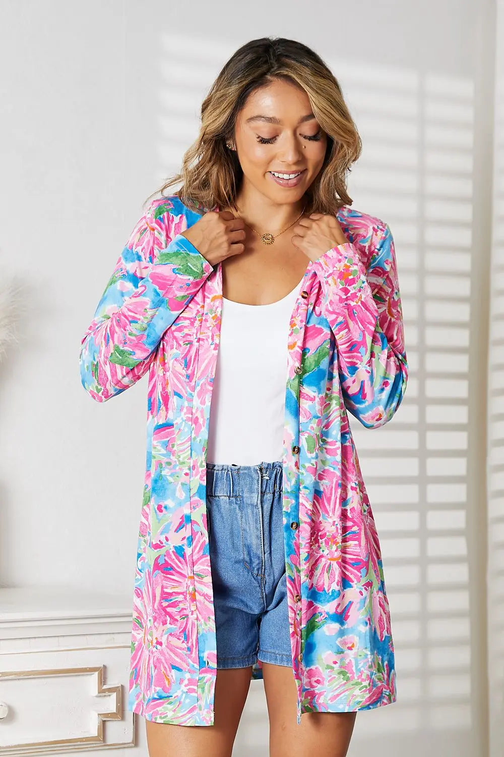 Double Take Floral Open Front Long Sleeve Cardigan - Image #12