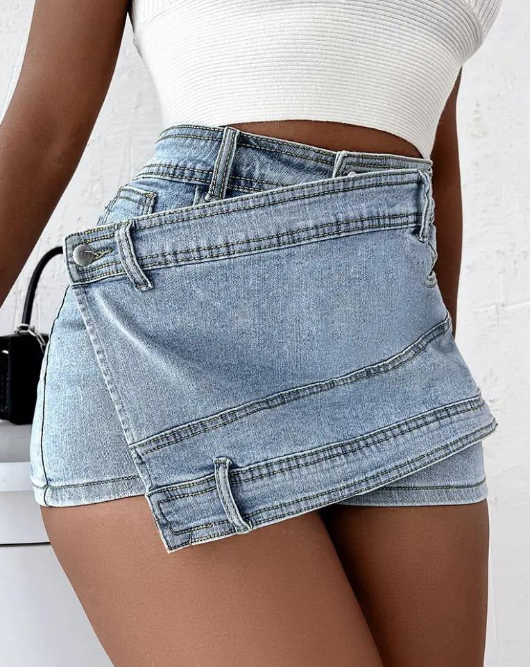 Denim Shorts Stretch Overlap Waist Wrap Solid Asymmetrical Hem A-Line Skinny Mini Skorts Skirt