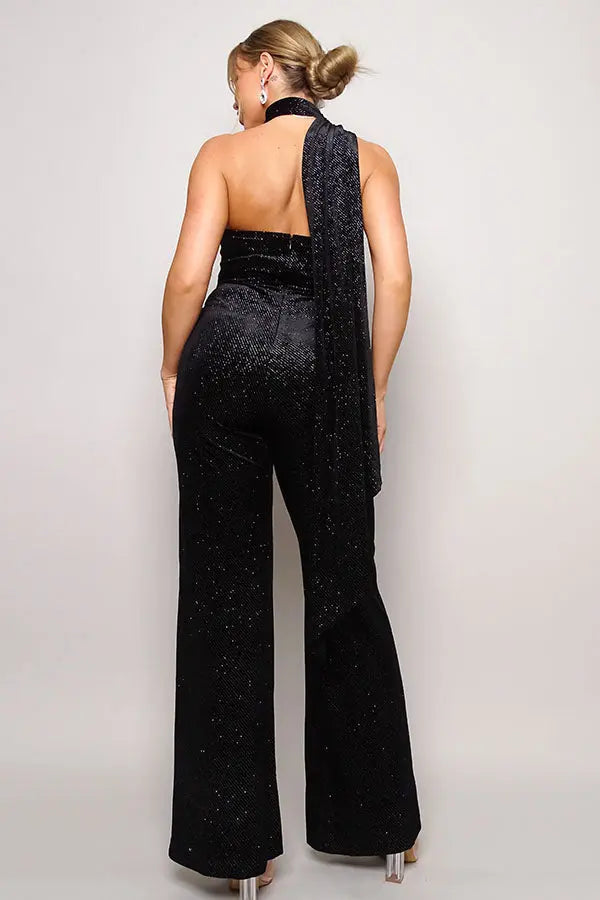 Scarf Top Glitter Velvet Jumpsuit - Image #17