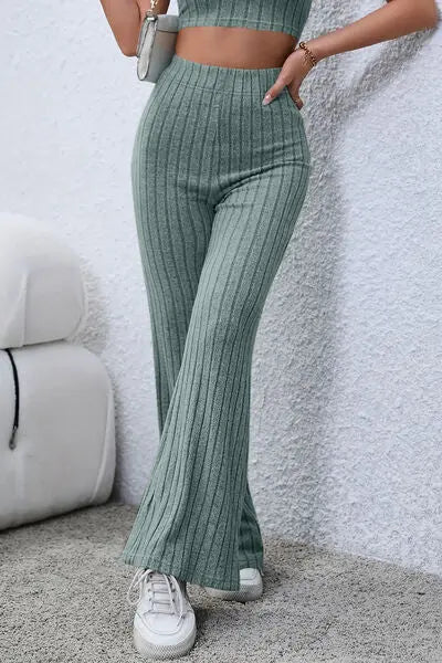 Basic Bae Full Size Ribbed High Waist Flare Pants - Image #15