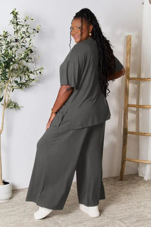 Double Take Full Size Round Neck Slit Top and Pants Set - Image #17