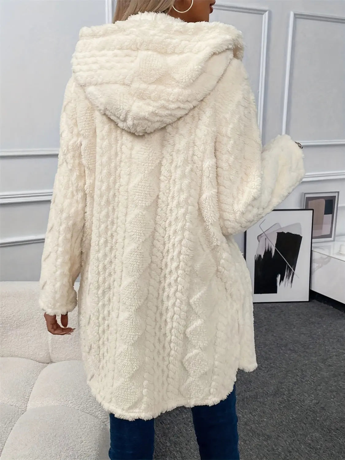 Fuzzy Button Down Hooded Coat - Image #3