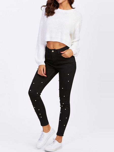 Stretchy Jeans with 3D Pearl Embellishments H7XHRDCPKN
