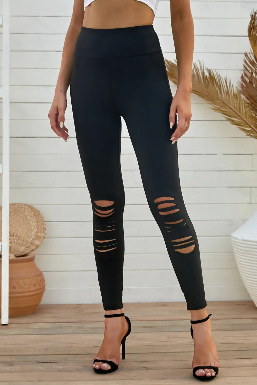 Wide Waistband Distressed Slim Fit Leggings - Image #6