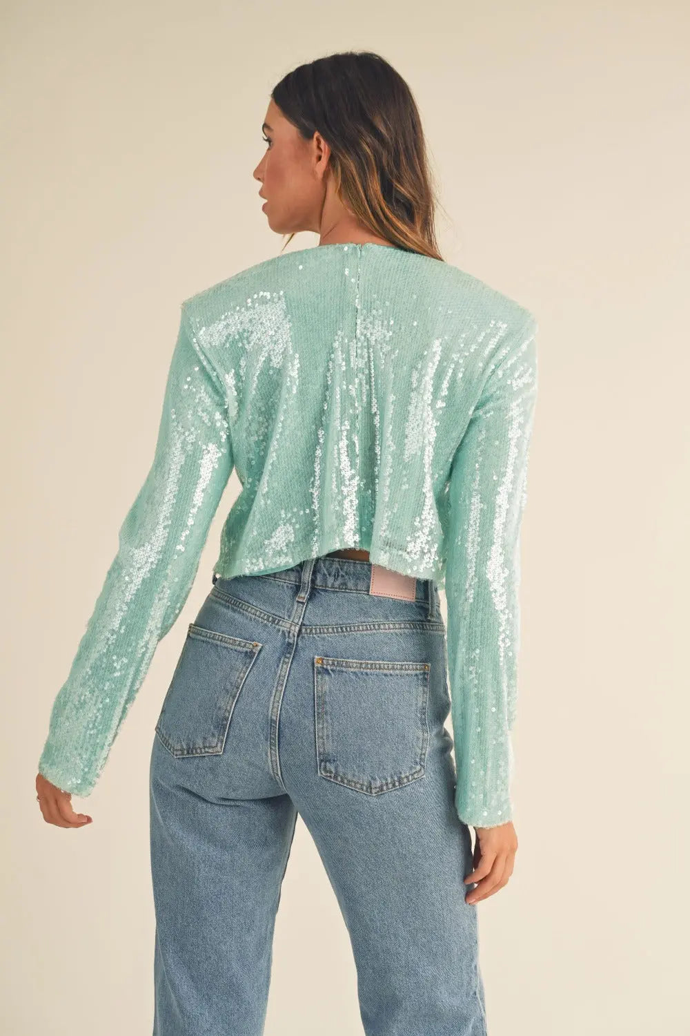 MABLE Shoulder Padded Sequin Crop Top - Image #2