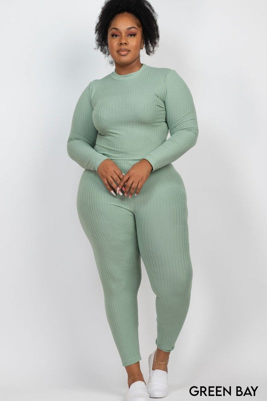 Plus Ribbed Mock Neck Long Sleeve Top & Leggings Set