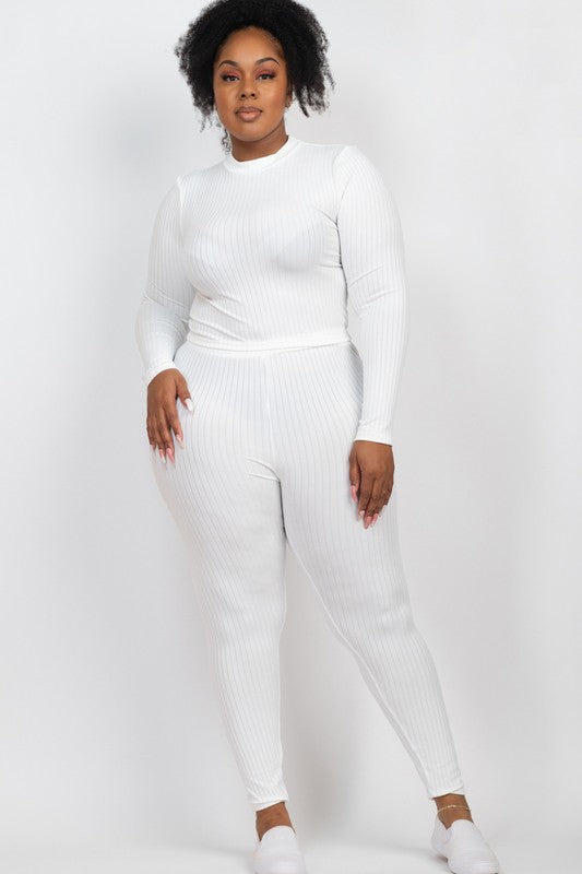 Plus Ribbed Mock Neck Long Sleeve Top & Leggings Set