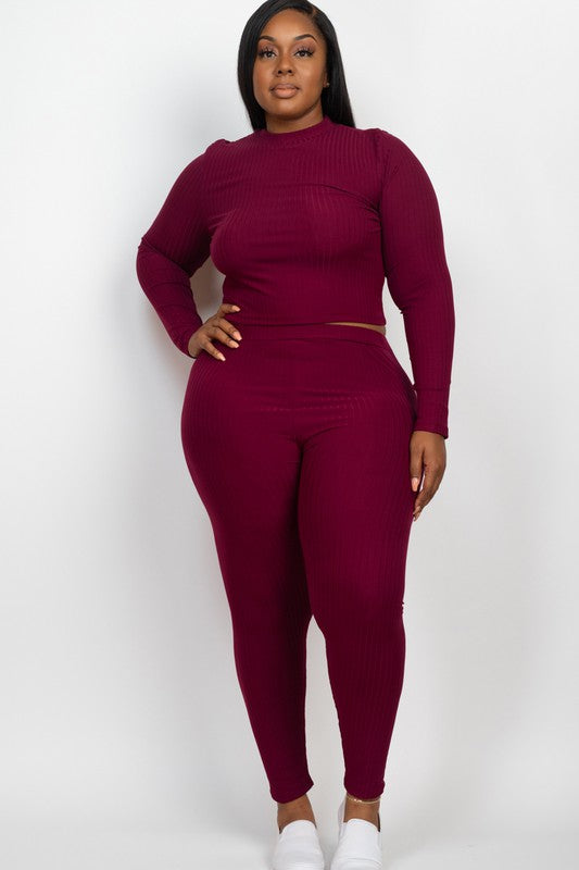 Plus Ribbed Mock Neck Long Sleeve Top & Leggings Set