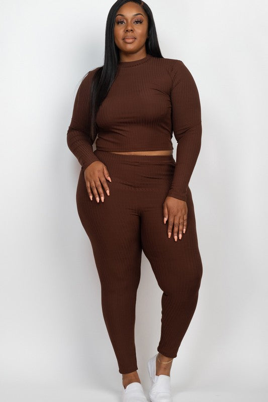 Plus Ribbed Mock Neck Long Sleeve Top & Leggings Set