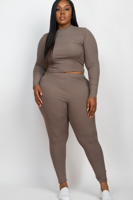 Plus Ribbed Mock Neck Long Sleeve Top & Leggings Set