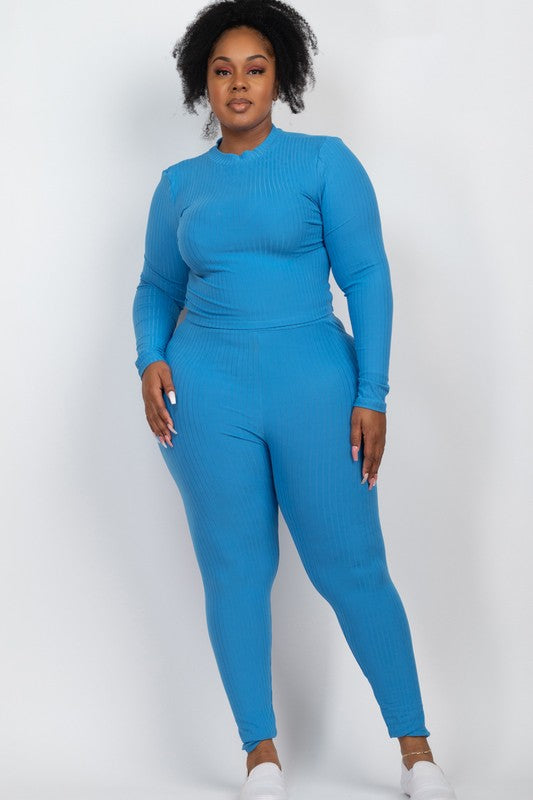 Plus Ribbed Mock Neck Long Sleeve Top & Leggings Set