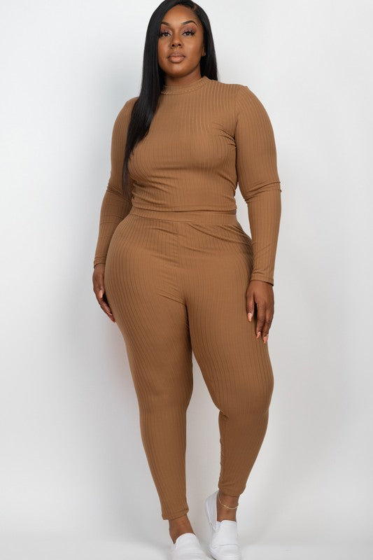 Plus Ribbed Mock Neck Long Sleeve Top & Leggings Set