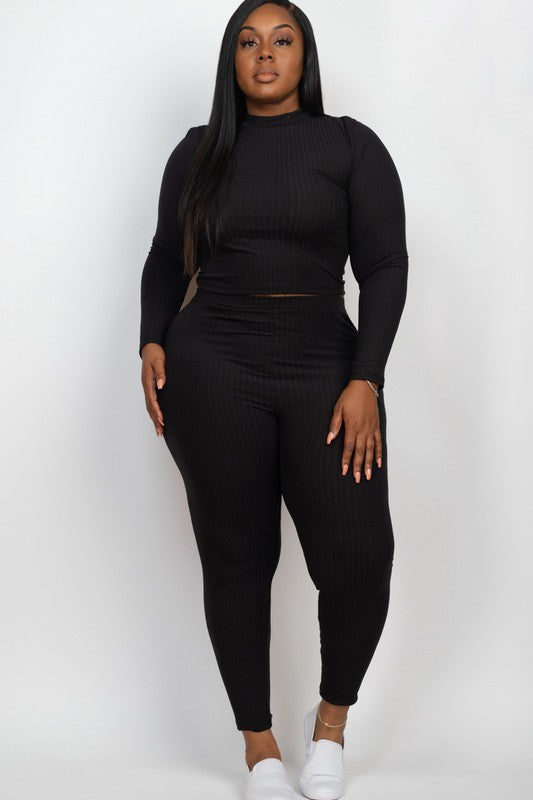 Plus Ribbed Mock Neck Long Sleeve Top & Leggings Set