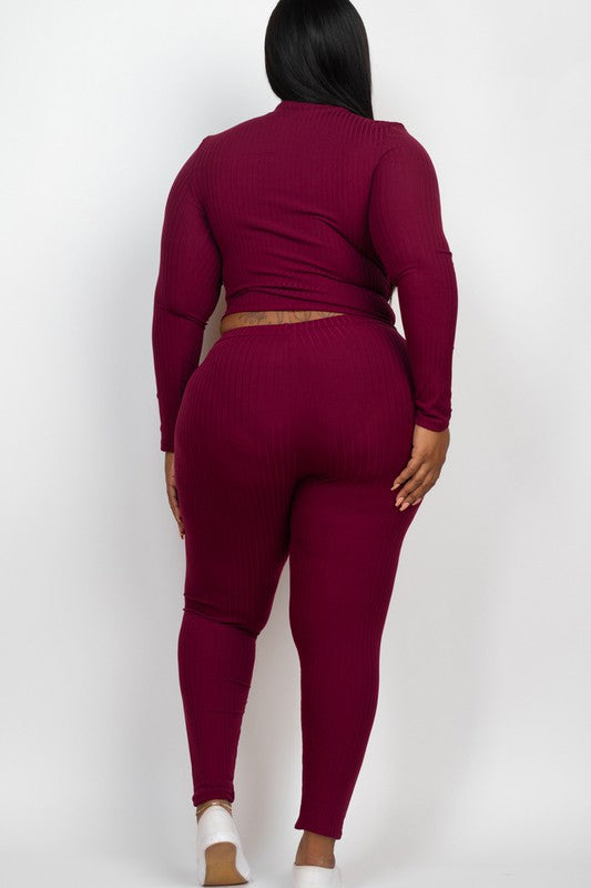 Plus Ribbed Mock Neck Long Sleeve Top & Leggings Set