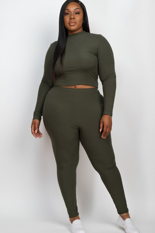 Plus Ribbed Mock Neck Long Sleeve Top & Leggings Set