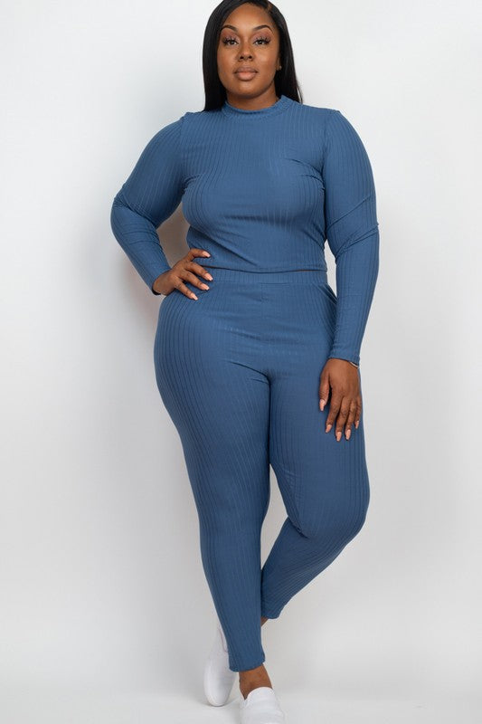 Plus Ribbed Mock Neck Long Sleeve Top & Leggings Set