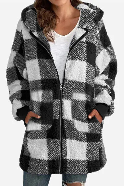 Double Take Full Size Plaid Long Sleeve Hooded Coat - Image #10