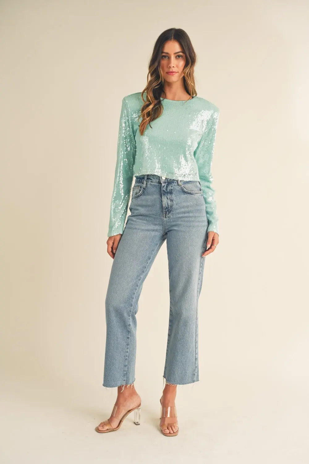 MABLE Shoulder Padded Sequin Crop Top - Image #6