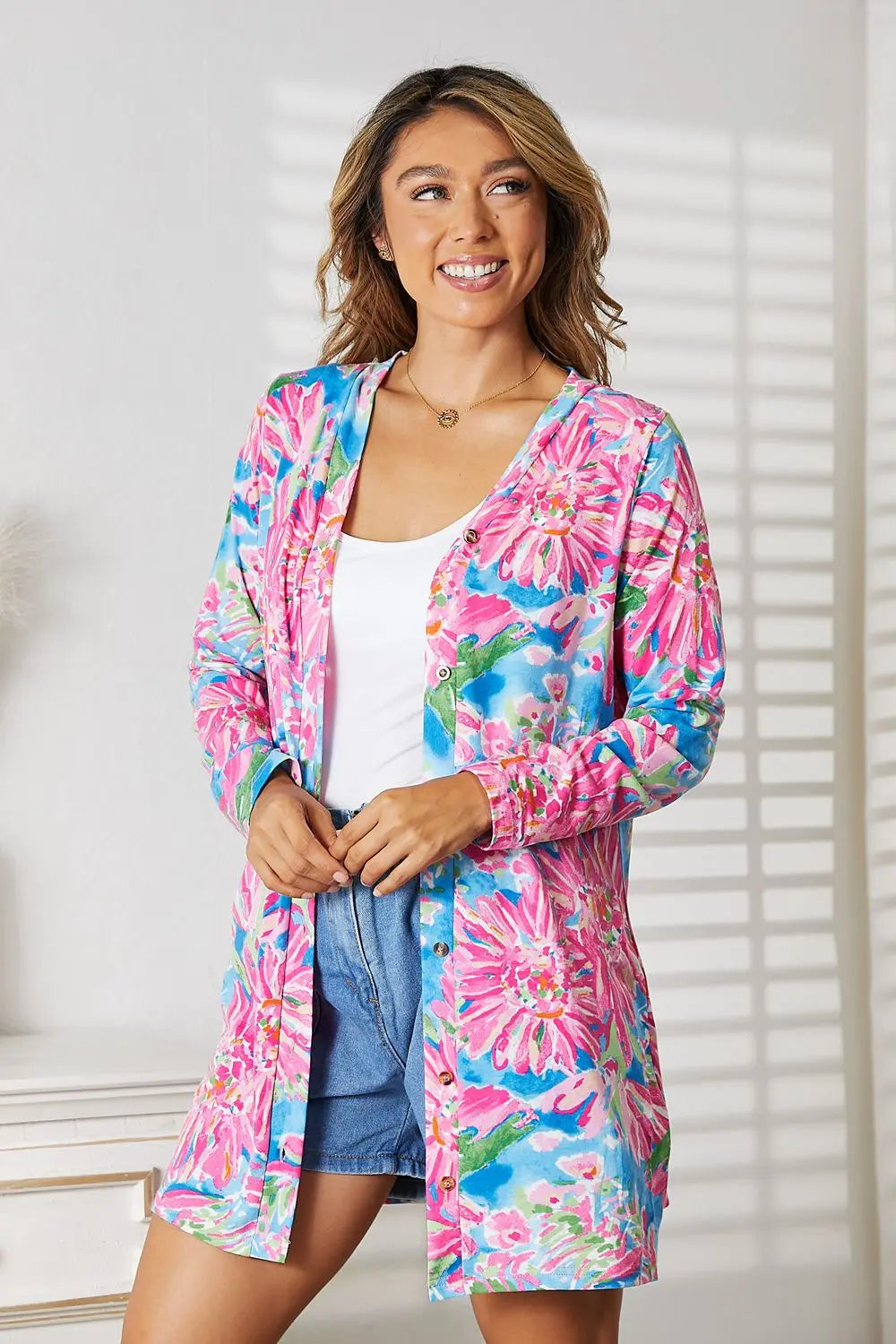 Double Take Floral Open Front Long Sleeve Cardigan - Image #11