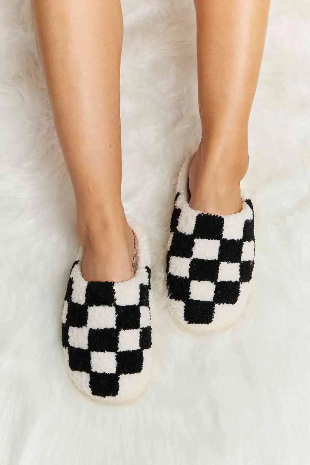 Melody Checkered Print Plush Slide Slippers - Image #1