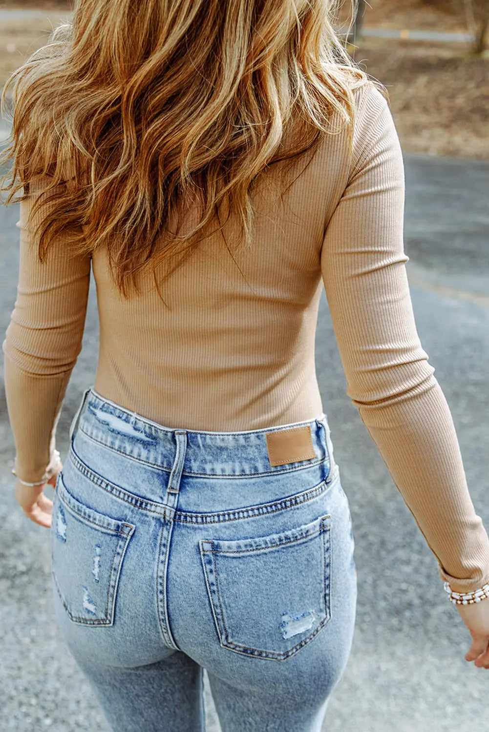 High Neck Long Sleeve Ribbed Top - Image #9