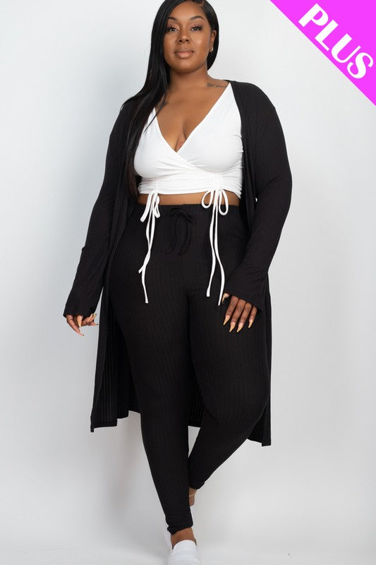 Plus Size Ribbed Long Cardigan & Leggings Set