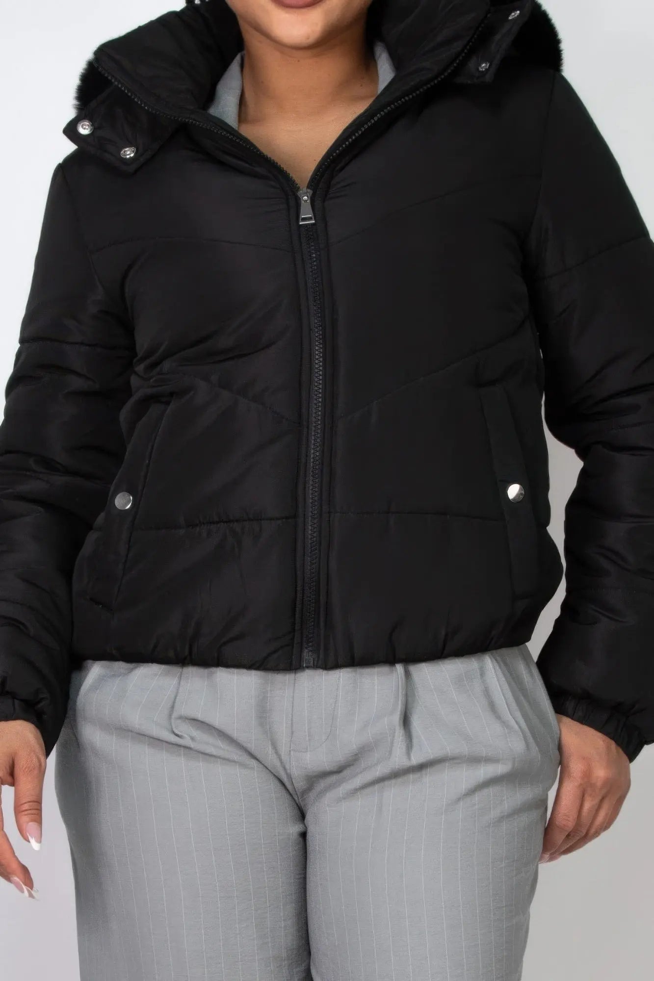 Insulated Zip-up Faux Fur Hooded Jacket - Image #4