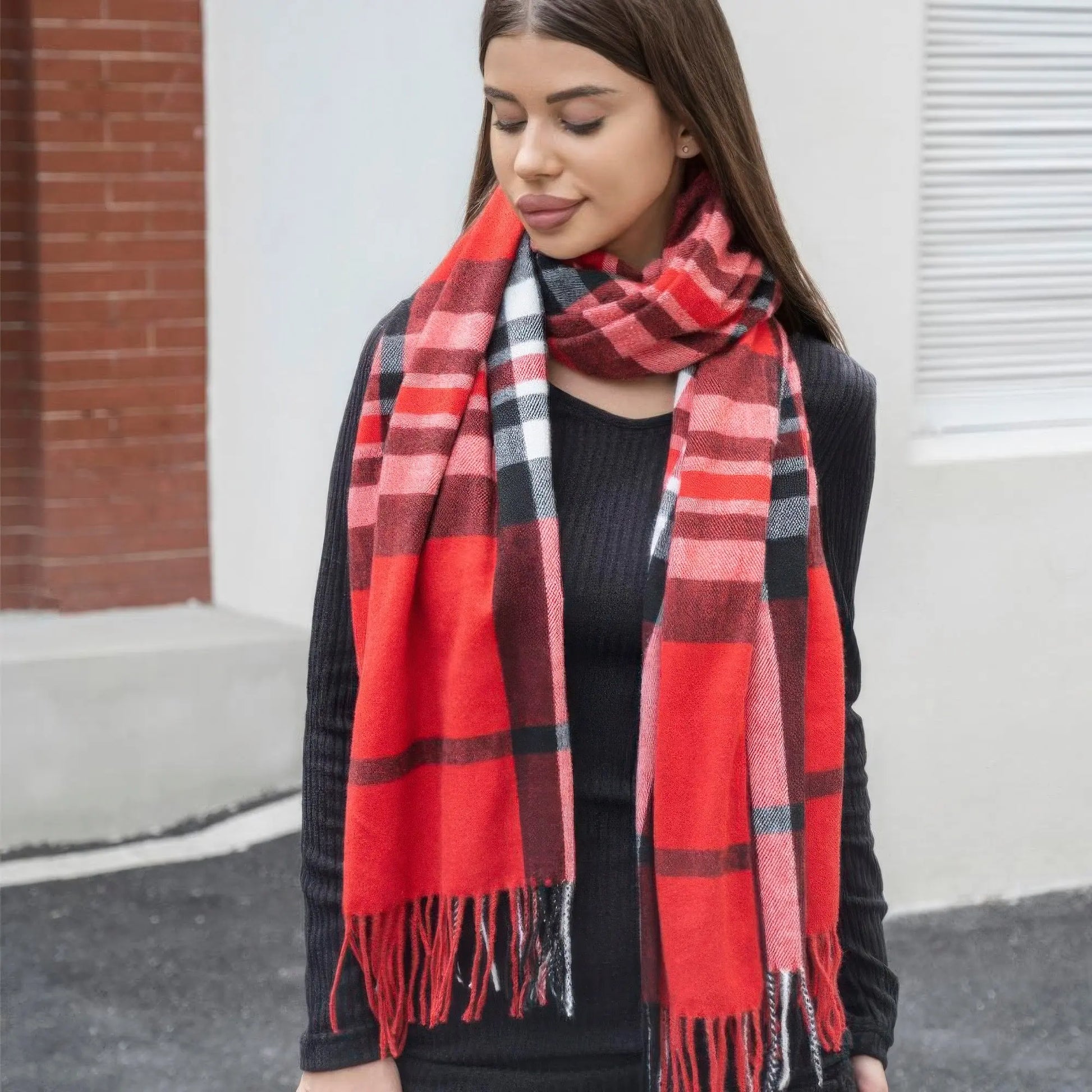 Plaid blanket scarf with tassel - Image #3