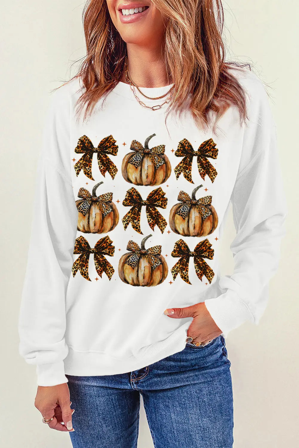 Pumpkin & Bow Graphic Long Sleeve Sweatshirt - Image #4