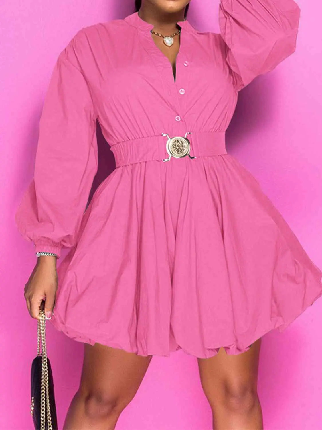 Notched Button Up Balloon Sleeves Dress - Image #24