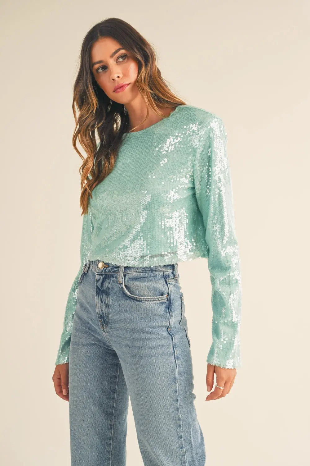 MABLE Shoulder Padded Sequin Crop Top - Image #3