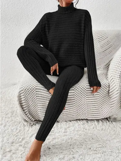 Ribbed Turtleneck Top and Pants Set - Image #18