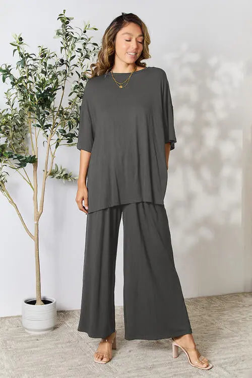 Double Take Full Size Round Neck Slit Top and Pants Set - Image #18
