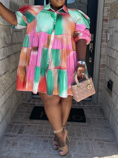 Tie-Dye Print Lapel Pleated Dress