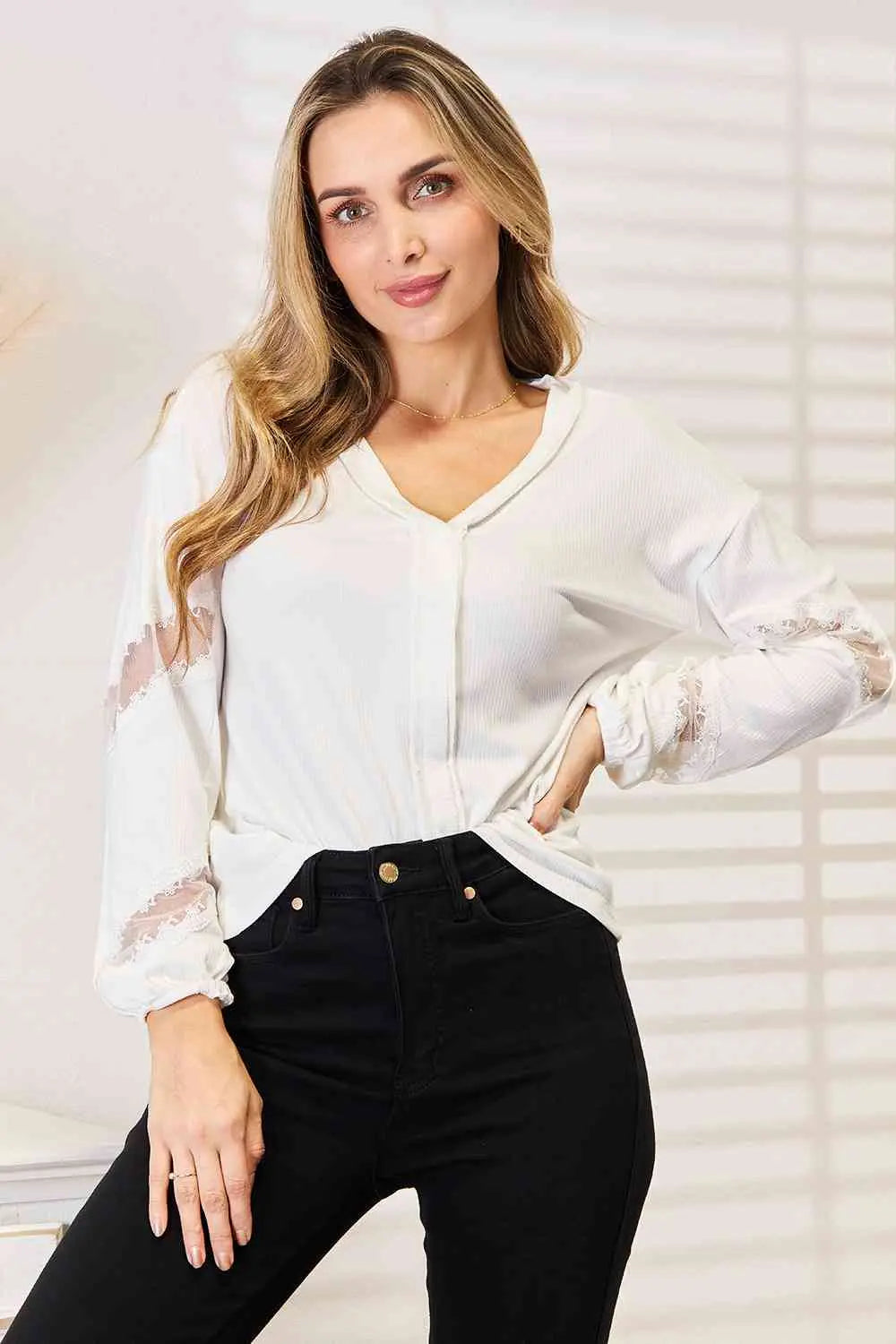 Double Take V-Neck Dropped Shoulder Blouse - Image #5