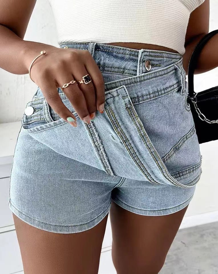 Denim Shorts Stretch Overlap Waist Wrap Solid Asymmetrical Hem A-Line Skinny Mini Skorts Skirt