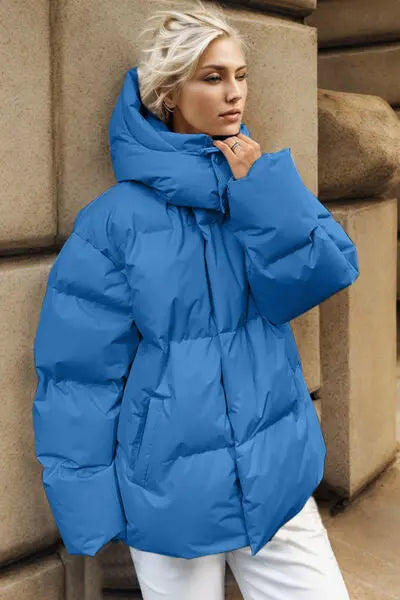 Pocketed Zip Up Hooded Puffer Jacket - Image #1