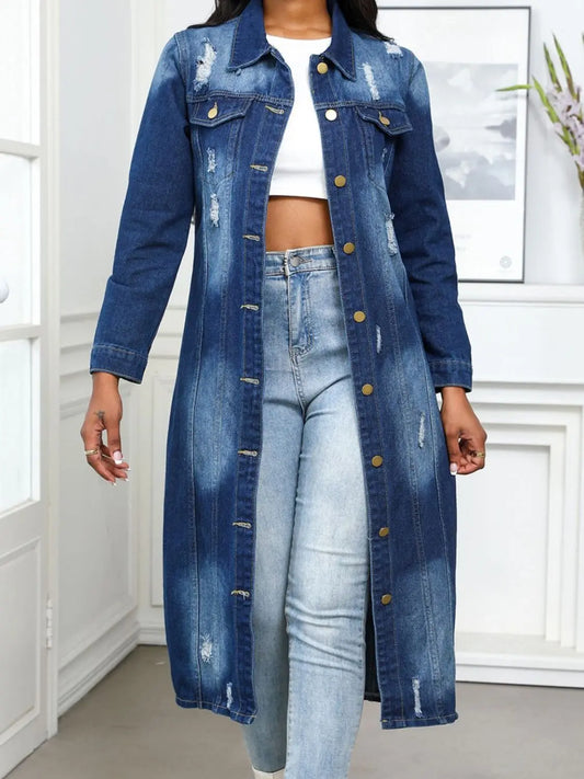 Distressed Button Up Collared Neck Denim Top - Image #1