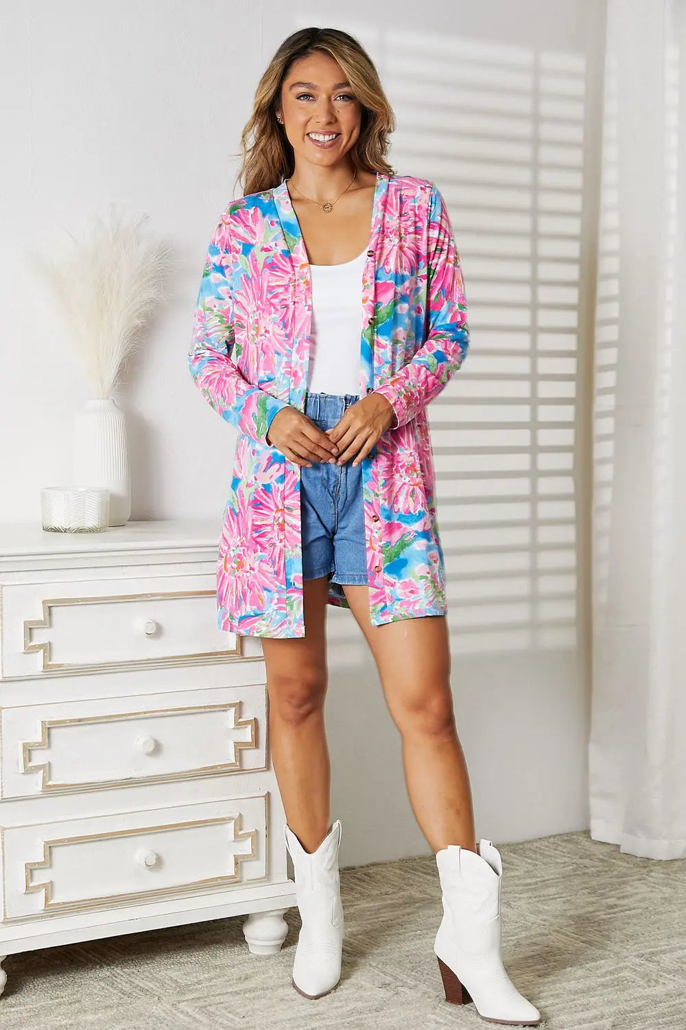 Double Take Floral Open Front Long Sleeve Cardigan - Image #18